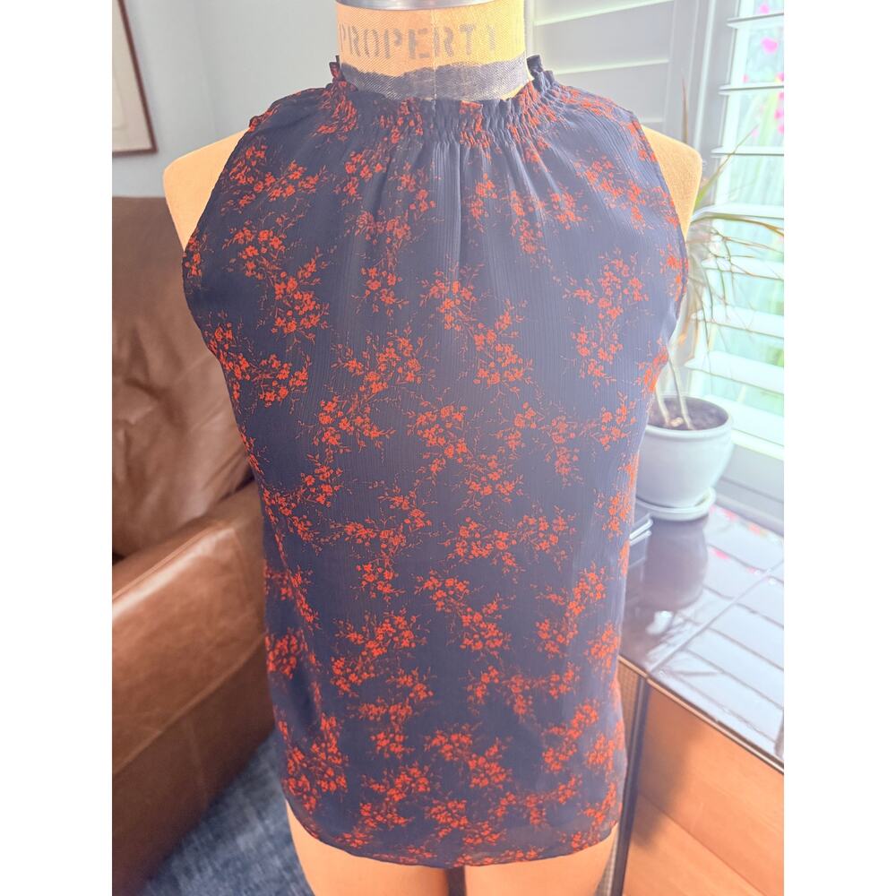 Thakoon Sleeveless Ruched Neck Top XS Navy Floral NWT TP17B Chiffon Blouse
